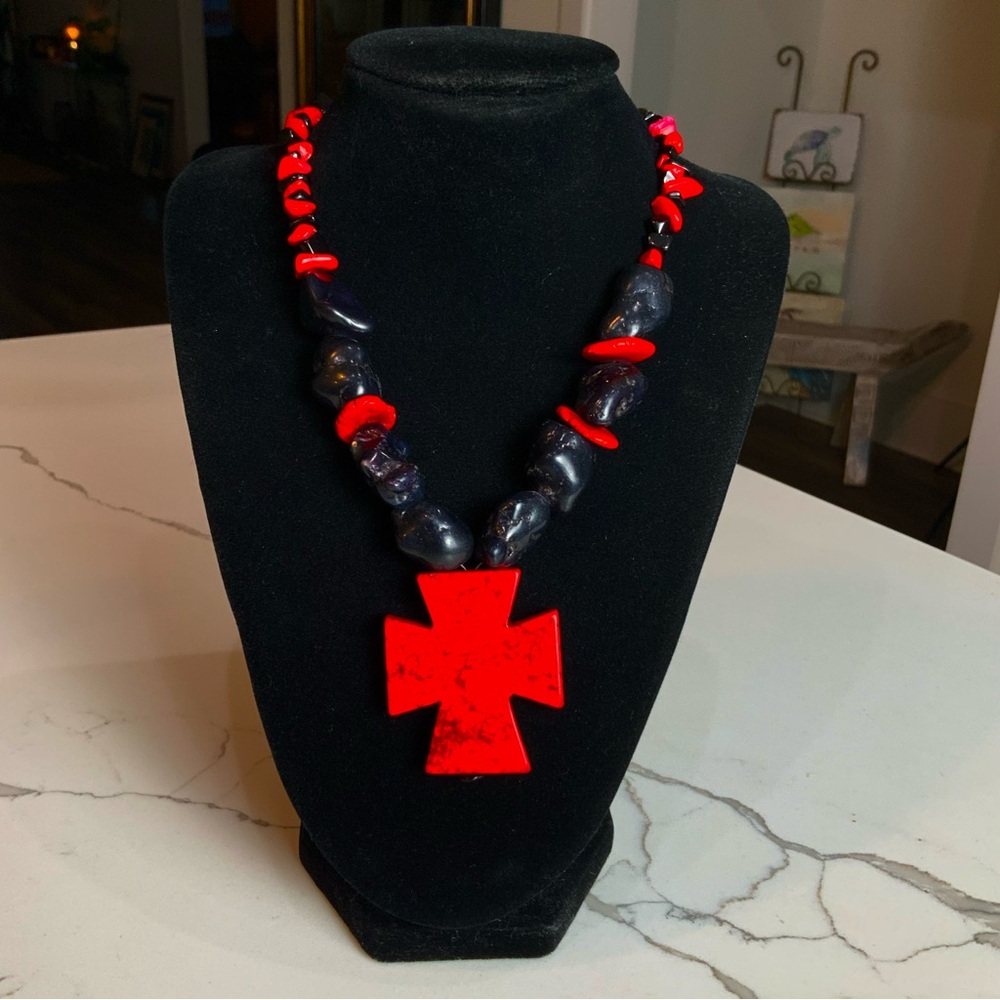 Bold & Edgy Red Howlite Cross Statement Necklace